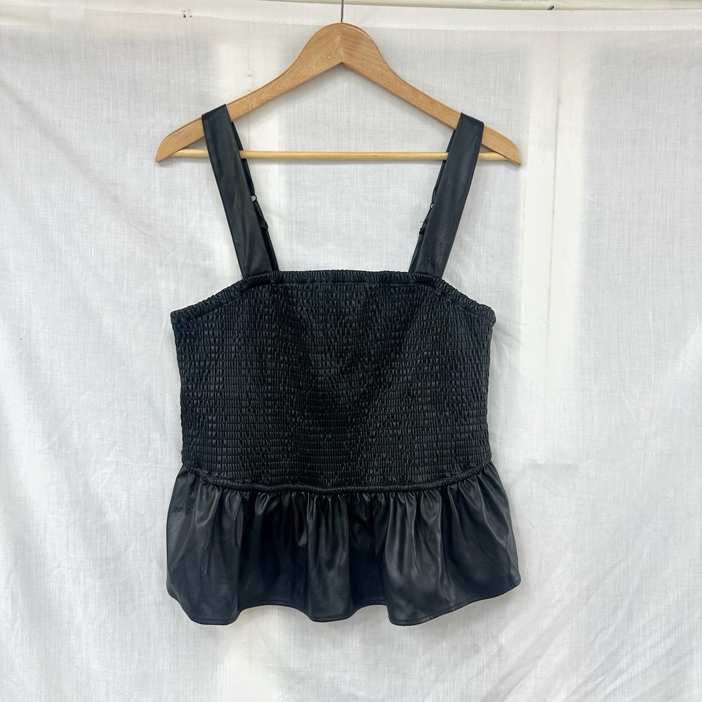Torrid Smocked‎ Peplum Top Womens Plus Size 1X Black Faux Leather Square Neck